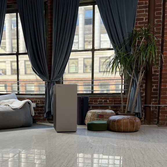 Airmega ProX air purifier with a three PM 1, 2.5, 10 particle sensor.