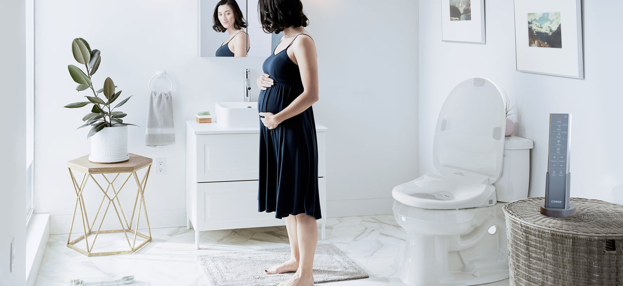 A pregnant mother looking in a mirror.