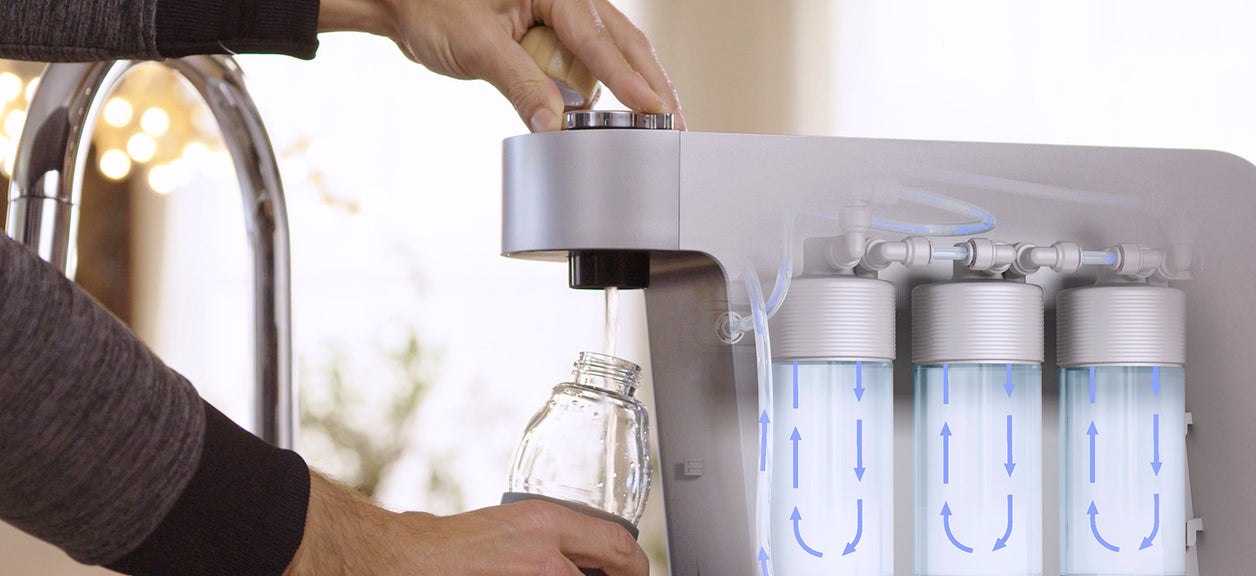 hands filling water bottle from coway aquamega
