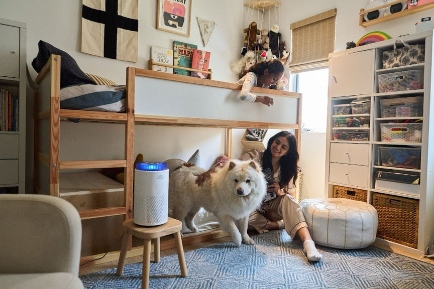 A woman with her daughter, a dog and an Airmega 50.