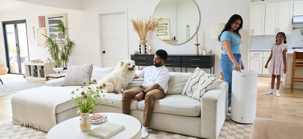 A family with a dog and Airmega 350