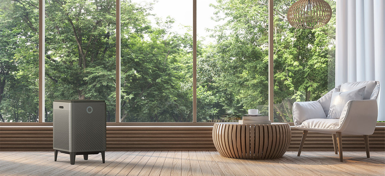 air purifier in front of windows looking out to trees