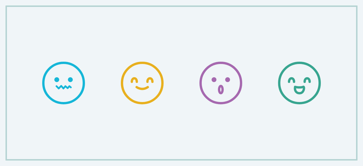 Four emoji faces. From left to right: A puzzled face, a happy face, a surprised face and an excited face.