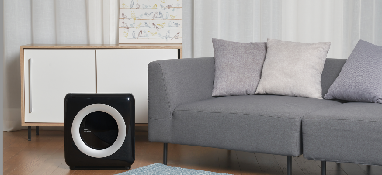 A couch beside an apartment air purifier from Coway.