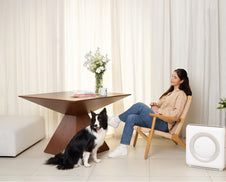 A person with her dog beside an Airmega Mighty AP-1512HH air purifier.