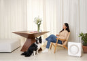 A person with her dog beside an Airmega Mighty AP-1512HH air purifier.