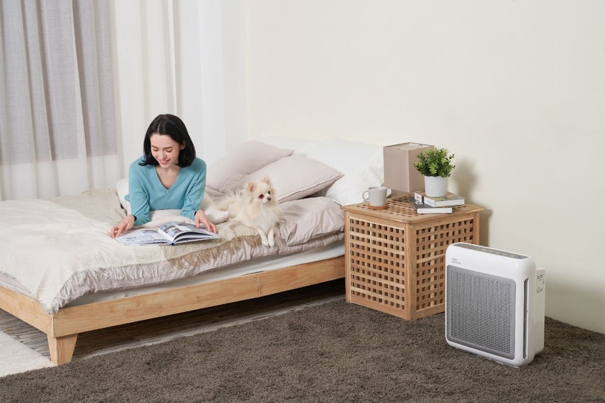 Dog with dog dander beside an air purifier.