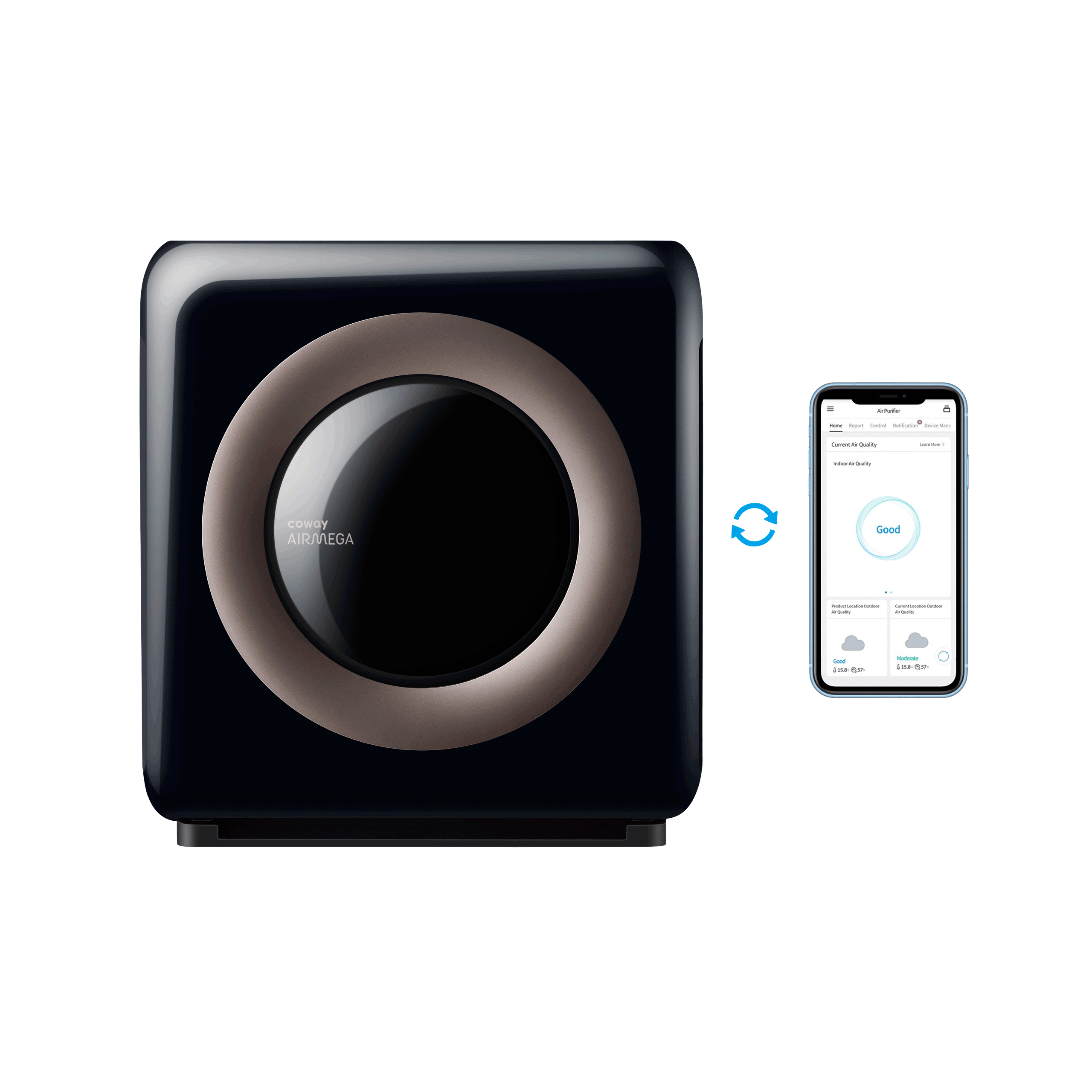 Coway Airmega AP-1512HHS - Black - Air Purifier & Mobile App on a cellphone view