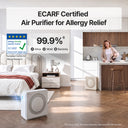 A white ECARF certified air purifier is shown in a modern bedroom and kitchen setting, with large promotional text highlighting 99.9% virus, mold, and bacteria removal.