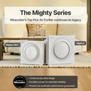 Wirecutter's top air purifier pick Mighty Series air purifiers shown in a living room setting, with dimension callouts for Mighty2 Mini and Mighty2.