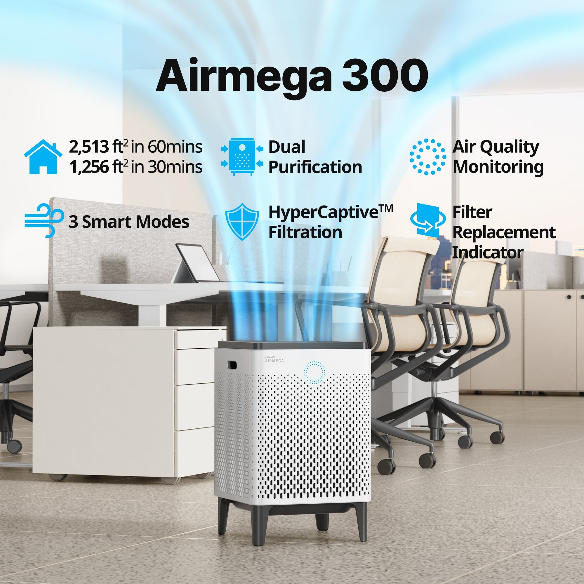 美品　COWAY 空気清浄機 AIRMEGA 300 2面吸引 38畳 Coway Airmega 300 - Large Room Air Purifier with Air Quality